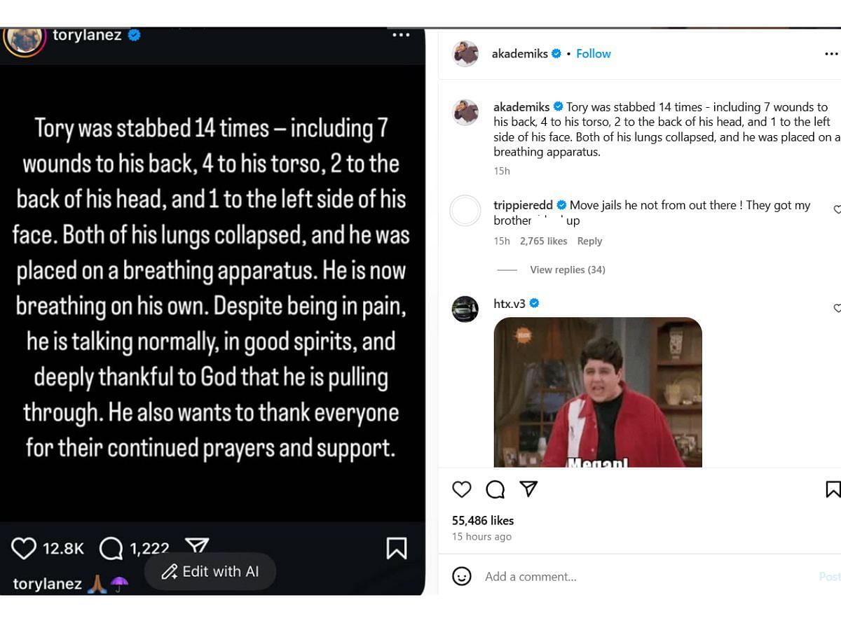 Trippie Redd's comment on news of Lanez being shot (Image via Instagram/ @akademiks)